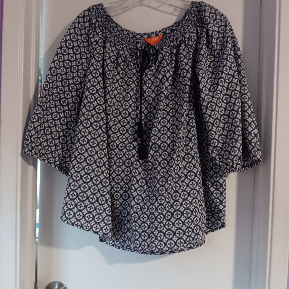 JOE FRESH WOMEN'S NAVY PRINT LARGE PEASANT TOP - Picture 1 of 4